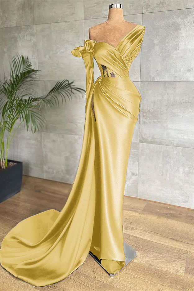 Black One Shoulder Long Sleeve Lace Pleated Long Formal Dress With Side Split