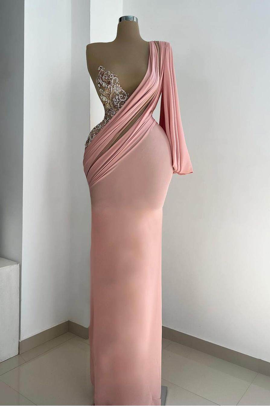 One Shoulder Long Sleeve Mermaid Long Formal Dress With Appliques