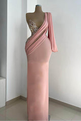 One Shoulder Long Sleeve Mermaid Long Formal Dress With Appliques