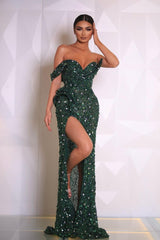 Green Off the Shoulder Formal Dress Sequins V Neck With High Slit