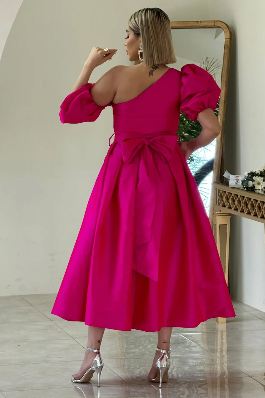 One Shoulder Bubble Sleeves A Line Formal Dress With Split Pockets