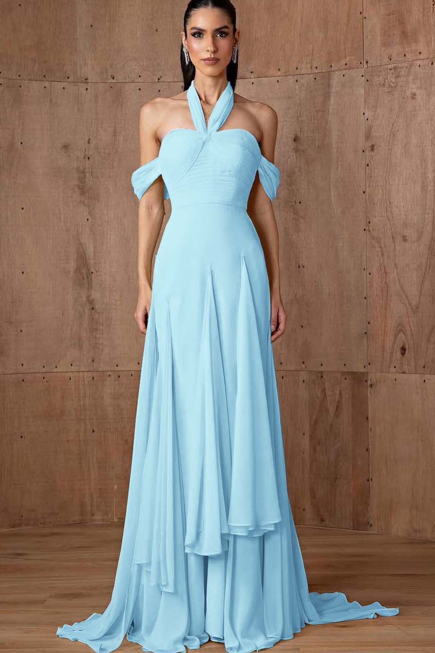 Halter Off the Shoulder Sleeveless Long Formal Dress With Ruffles