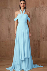 Halter Off the Shoulder Sleeveless Long Formal Dress With Ruffles