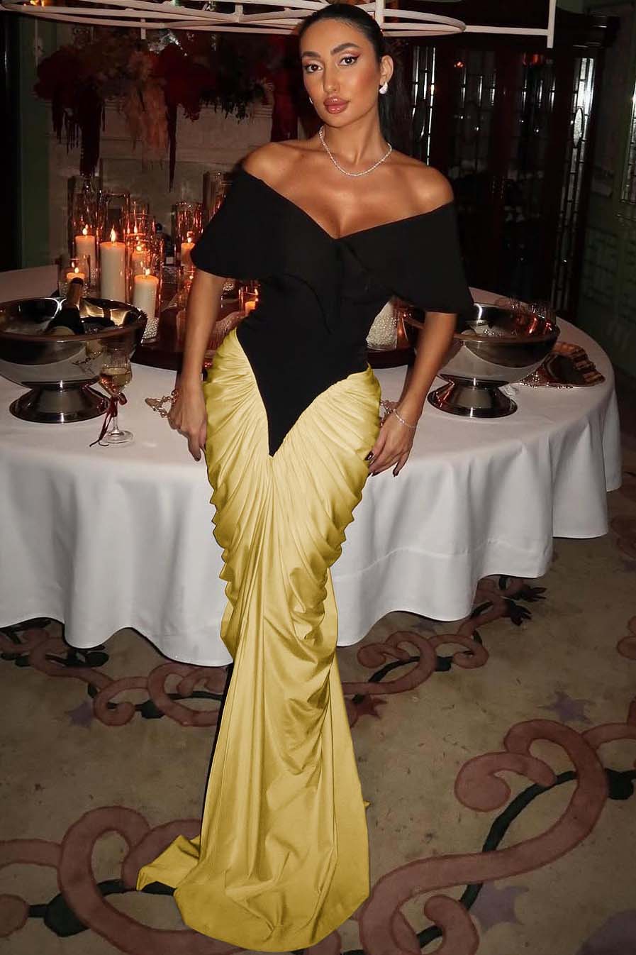 Off the Shoulder Strapless Mermaid Long Formal Dress With Pleated Gloves