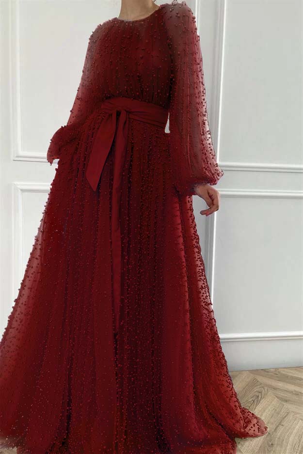 Long Sleeves Long Jewel Neck Formal Dress With Pleated Beading