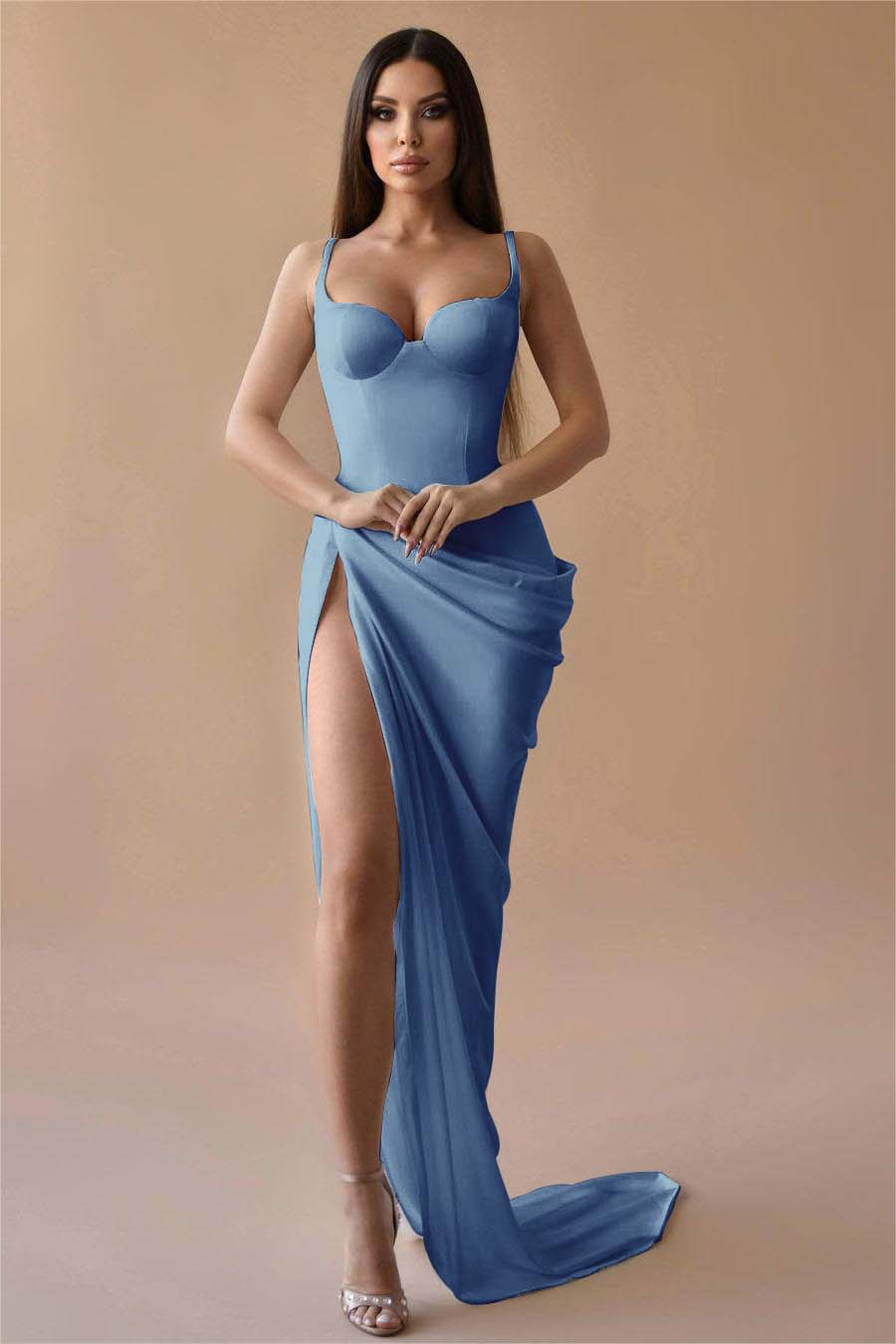 Simple White Spaghetti Strap Sleeveless Pleated Long Formal Dress With Split