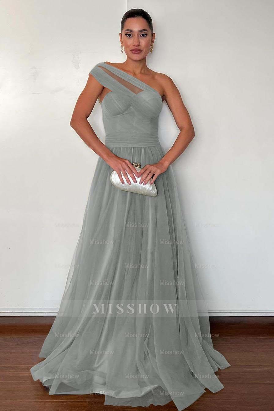 One Shoulder Sweetheart Sleeveless Long Formal Dress With Pleated