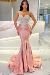 Attractive Long Mermaid Spaghetti Straps Lace Prom Evening Dresses with Train