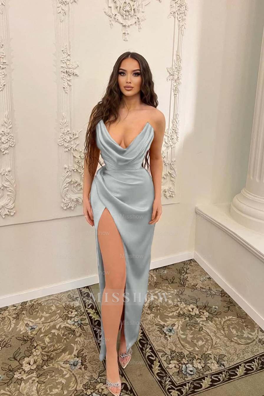 Sleeveless Strapless Long Mermaid Split Formal Dress With Pleated