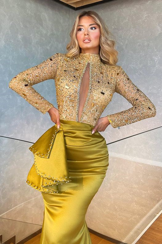 High Collar Long Sleeves Mermaid Pleated Sequins Formal Dress With Beadings