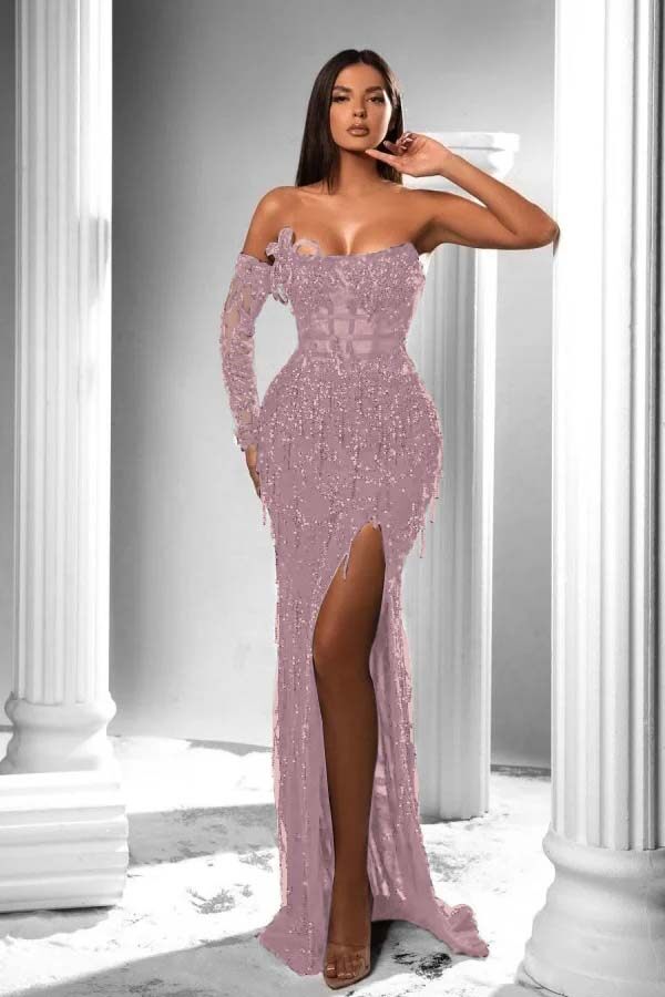Strapless Long Sleeve High Split Long Formal Dress With Appliques