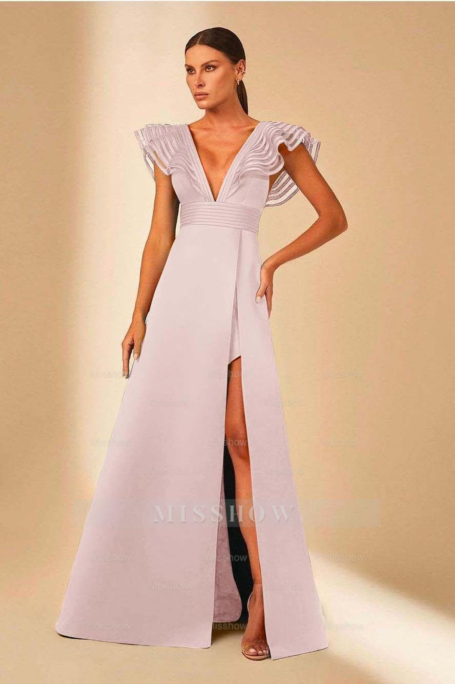 Deep V Neck Sleeveless A Line Long Formal Dress With Front Split