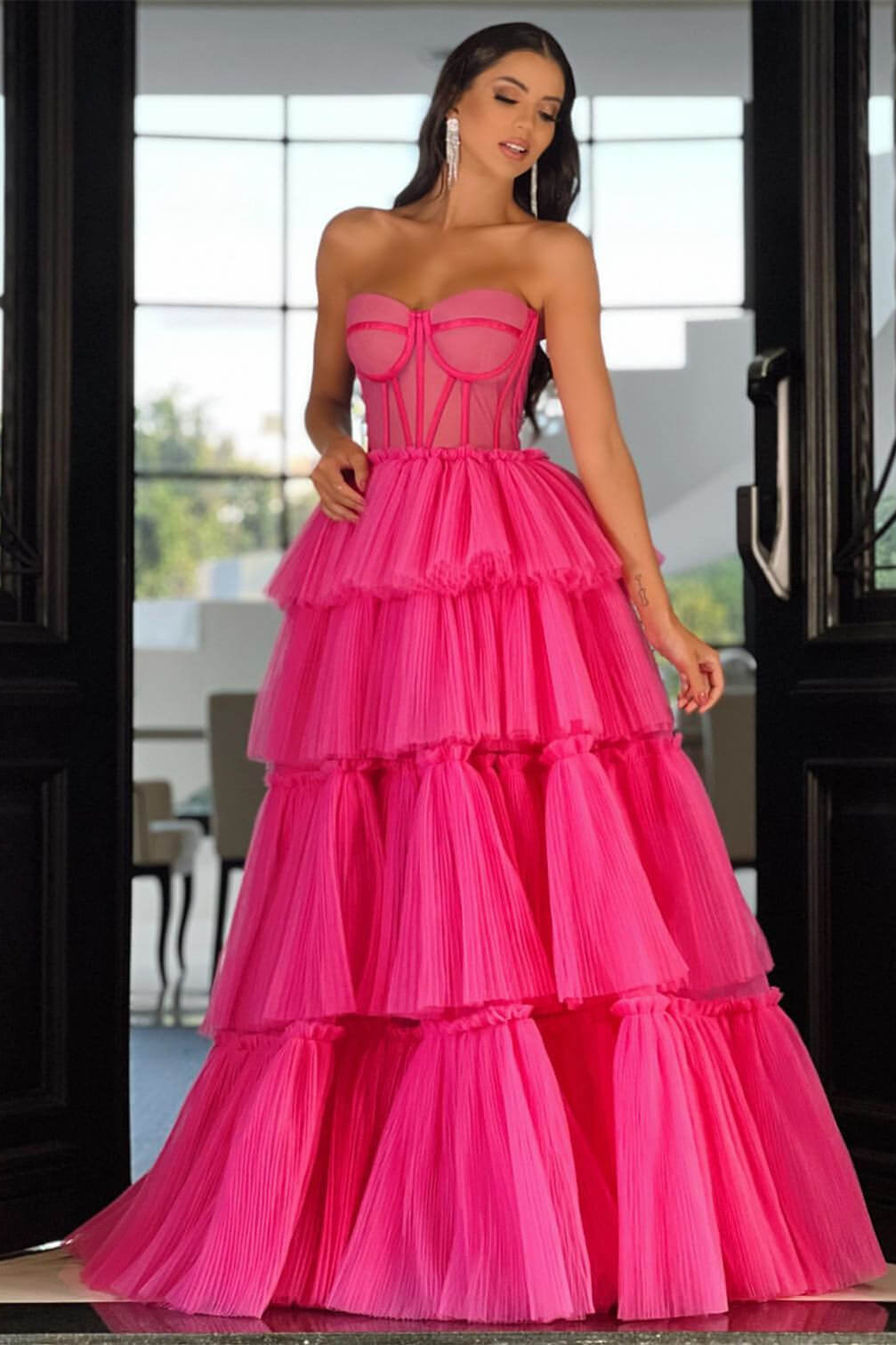 Elegant Sweetheart Strapless Formal Dress Long Sleeveless Layers Hot Pink