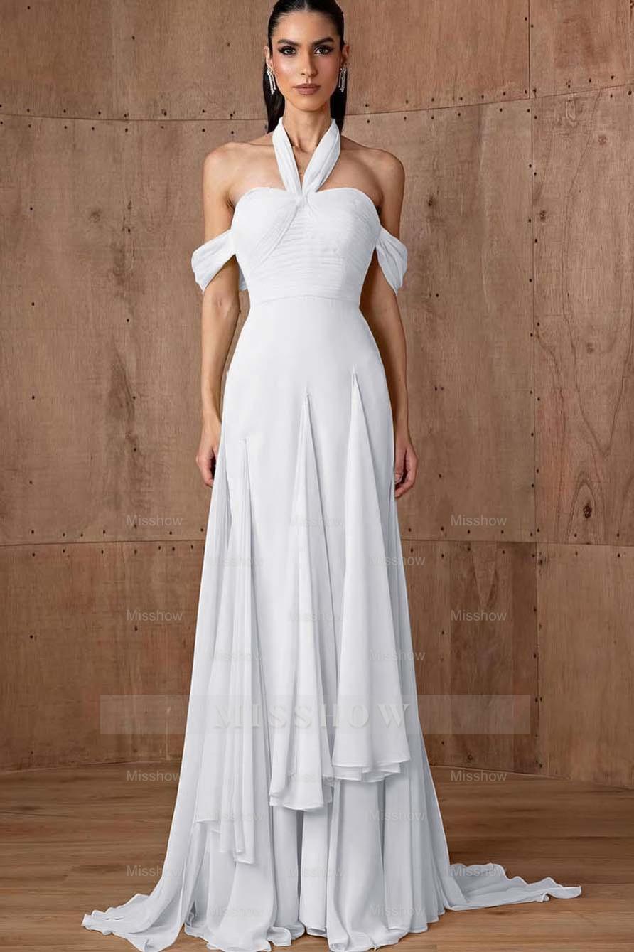 Halter Off the Shoulder Sleeveless Long Formal Dress With Ruffles