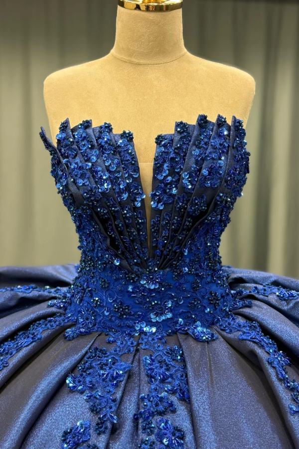 Misshow Exquisite Dark Navy Satin Quinceanera Dress Strapless Sequined Ball Gown with Pleated Glitter Detail for Sweet 16 & Formal Evenings
