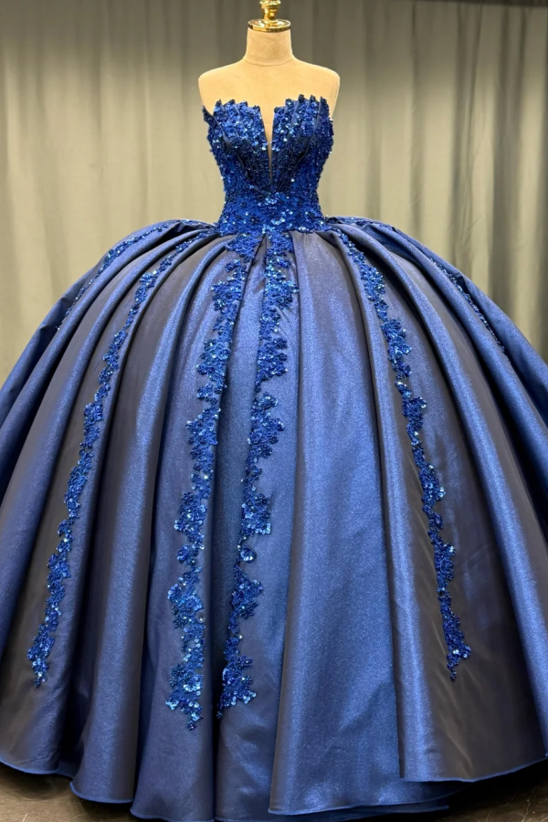 Misshow Exquisite Dark Navy Satin Quinceanera Dress Strapless Sequined Ball Gown with Pleated Glitter Detail for Sweet 16 & Formal Evenings