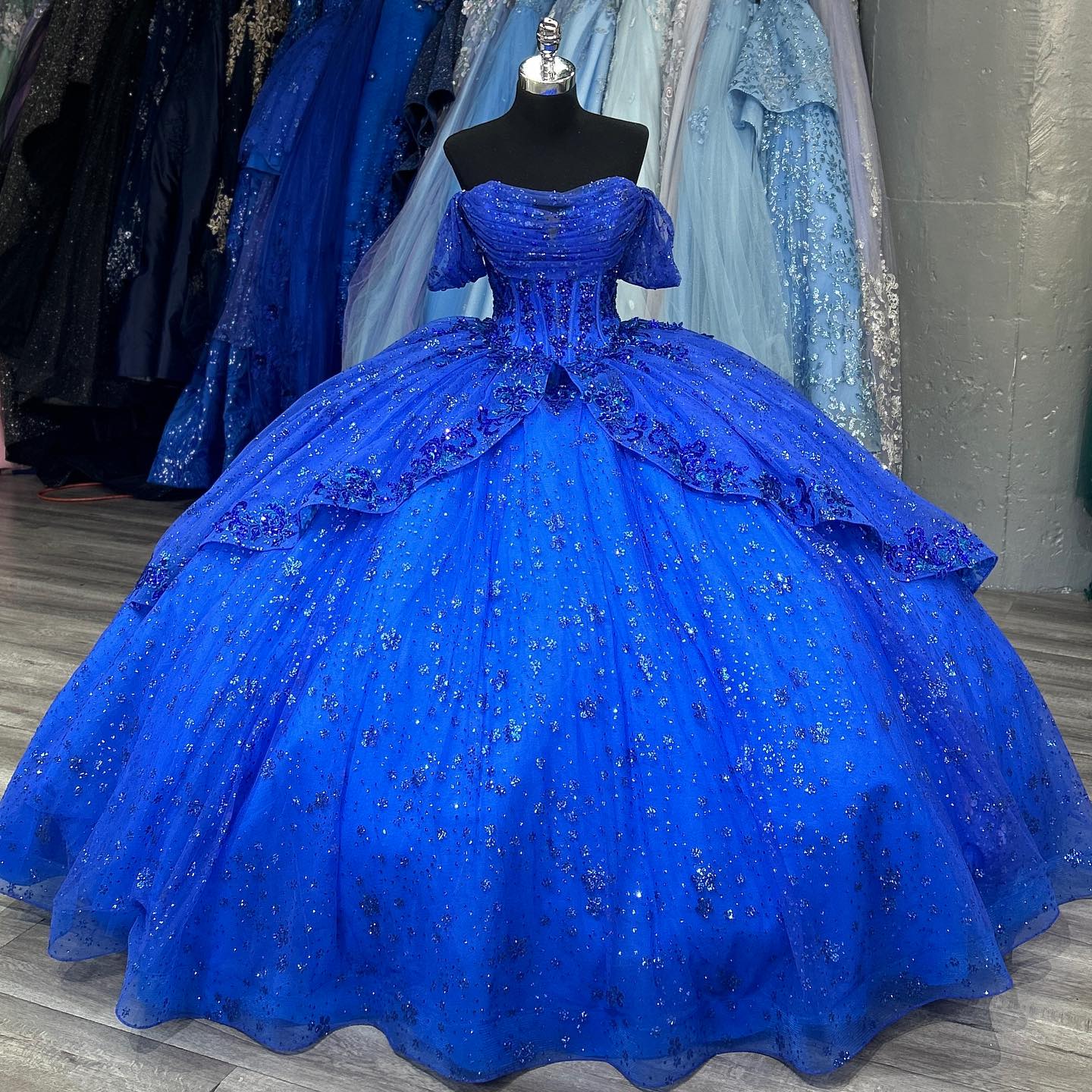 Misshow Royal Blue Off-Shoulder Ball Gown Sequined Pleated Tulle Quinceanera Dress for Sweet 16 & Formal Evenings