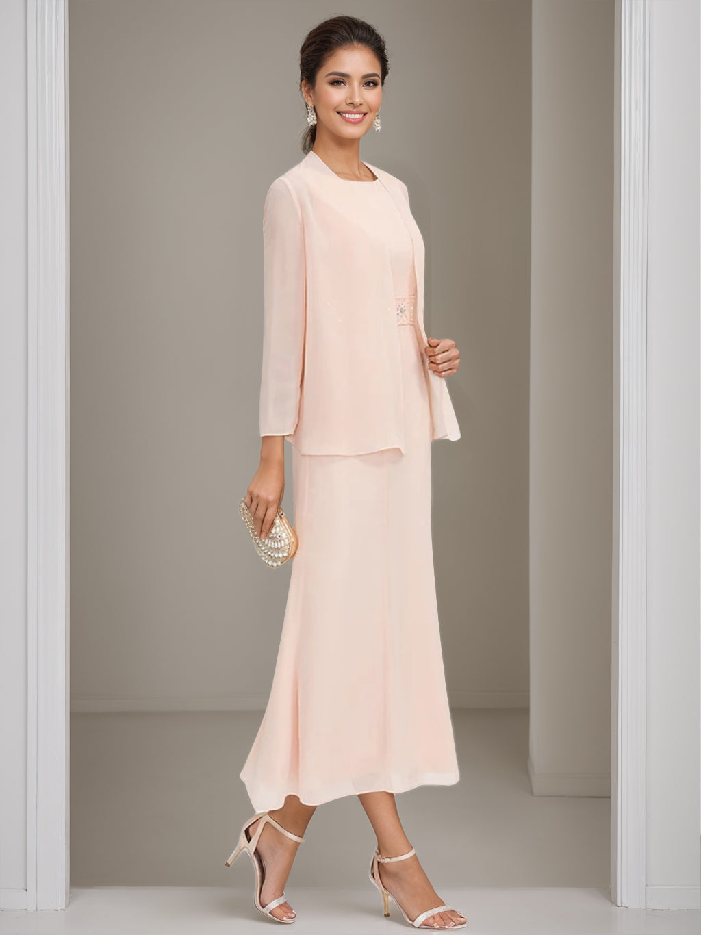 Sheath Column Jewel Neck Tea Length Mother Of The Bride Dresses With Jacket Beading