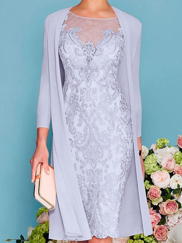 Sheath Column Scoop Long Sleeves Knee Length Mother Of The Bride Dresses With Lace Beading Appliques
