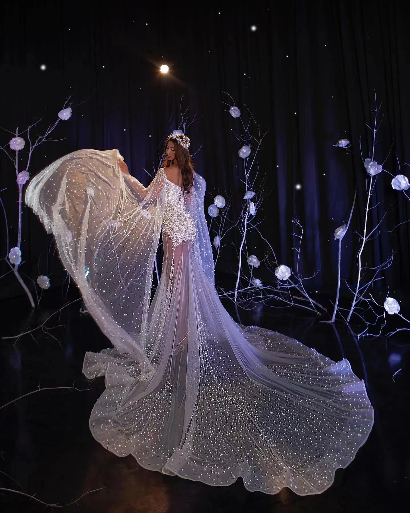 Elegant Pearl Long Sleeves Beaded Mermaid Sweetheart Formal Dress