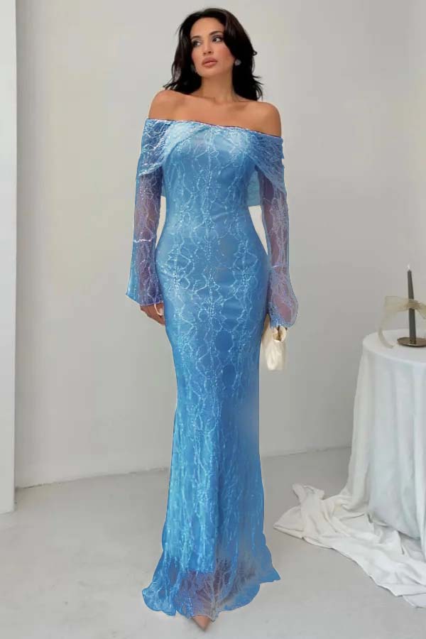 Off the Shoulder Long Sleeves Long Mermaid Formal Dress With Lace