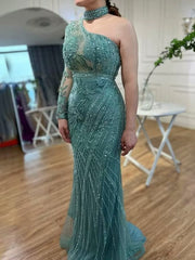 Elegant One shoulder Long Sleeve Champagne Bead Embroidery Formal Dress