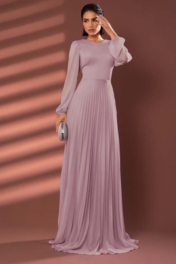 Chiffon Jewel Neck Long Sleeves Long Formal Dress With Pleated