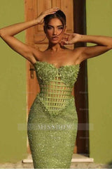 Sleeveless Strapless Long Mermaid Formal Dress With Sequin Pleated