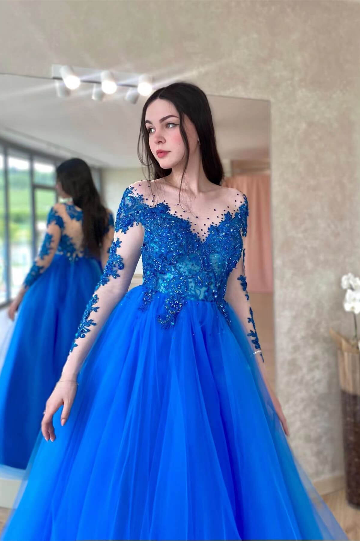 Royal Blue Long Sleeves Tulle A Line Long Formal Dress With Appliques Amazing
