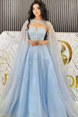 Fabulous Blue A-Line Strapless Sequined Sleeveless Floor-Length Tulle Evening Dresses With Cloak