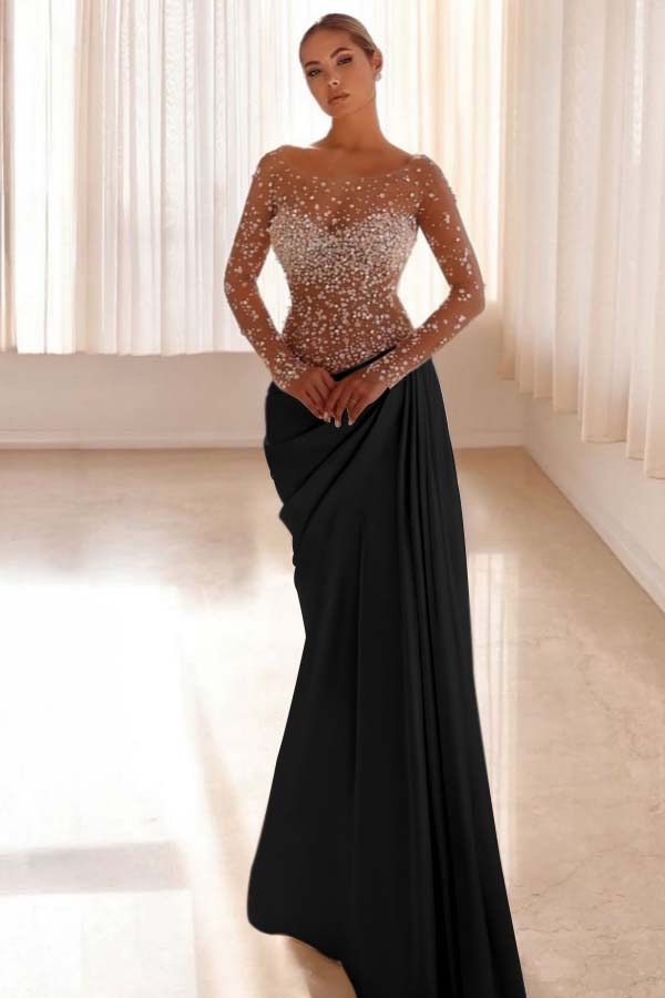 Jewel Neck Long Sleeves Long Mermaid Formal Dress With Pleated