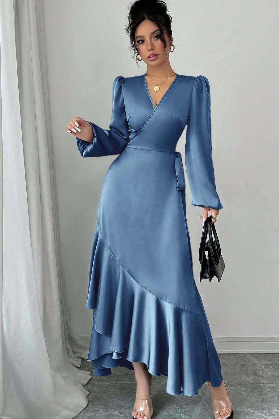 Shinning Long Sleeves V Neck Long Formal Dress With Ruffles Pleated