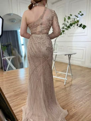 Elegant One shoulder Long Sleeve Champagne Bead Embroidery Formal Dress