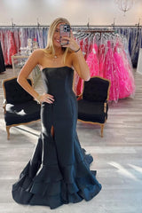 Strapless Sleeveless Long Front Split Formal Dress With Ruffles