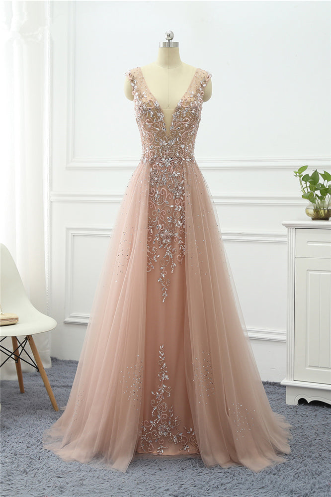 Straps V Neck Sleeveless Tulle A Line Formal Dress Long With Beading