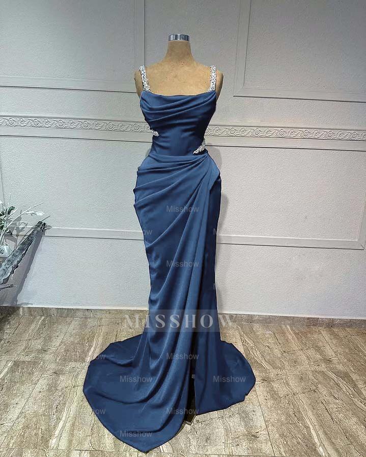 Straps Sleeveless Long Mermaid Formal Dress With Pleated Sequins