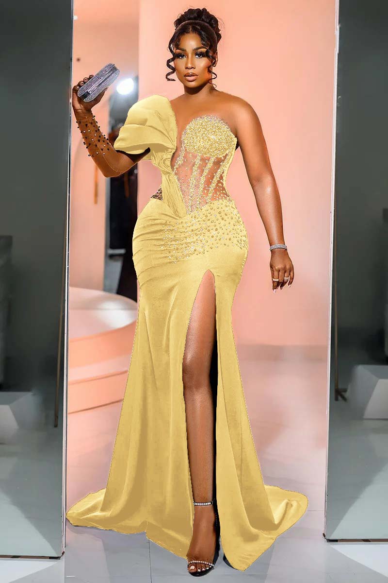 One Shoulder Long Sleeve Long Mermaid Formal Dress With Beading