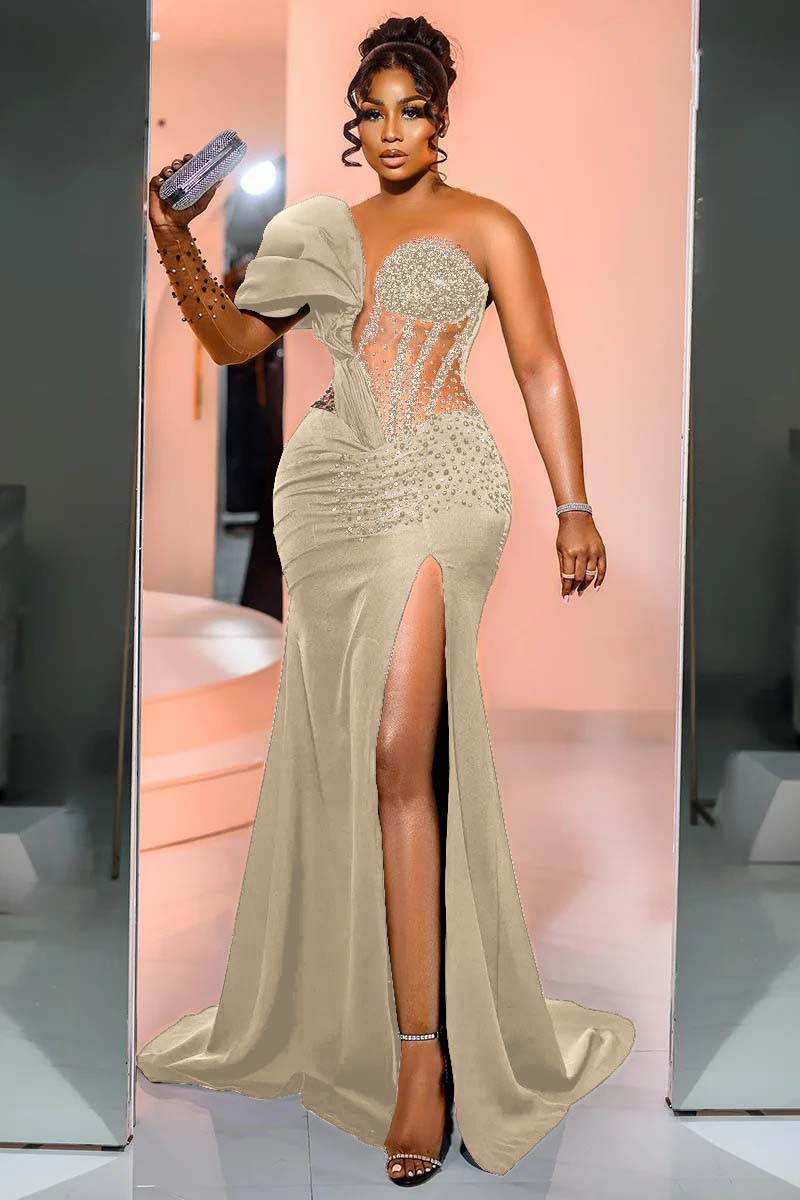 One Shoulder Long Sleeve Long Mermaid Formal Dress With Beading