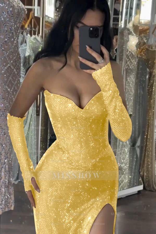 Sequin Strapless Long Mermaid Formal Dress With Split Detachable sleeves