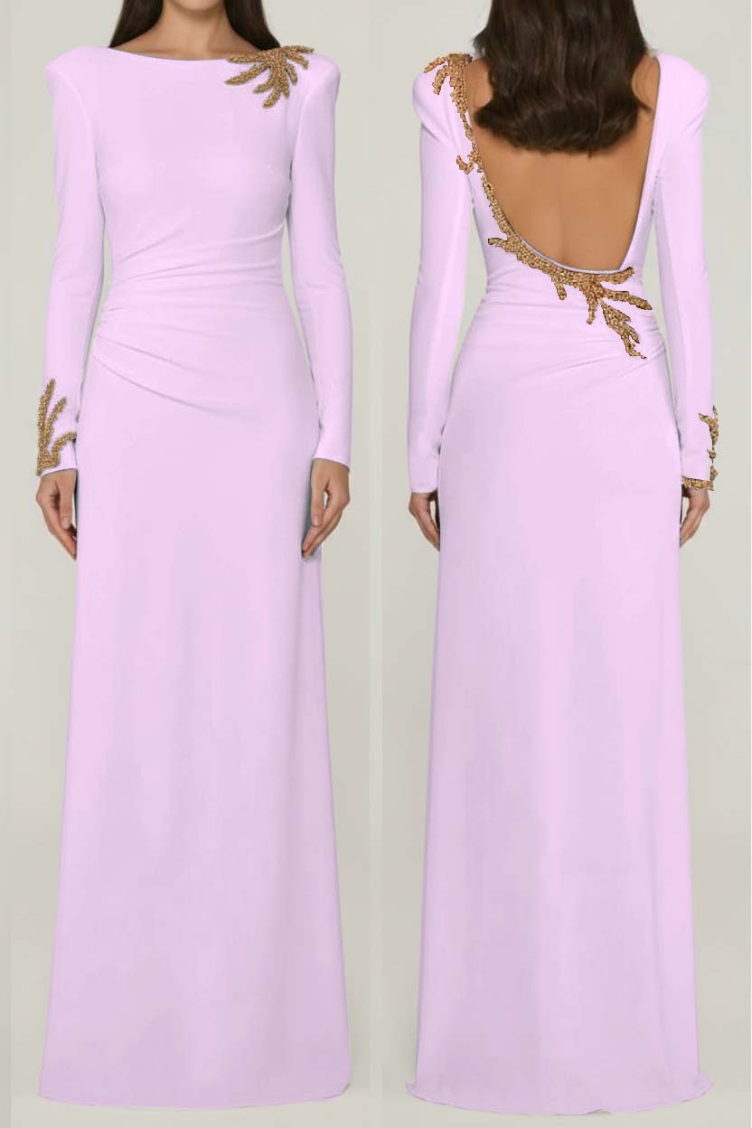 Long Sleeves Long Backless Formal Dress With Appliques Pleated