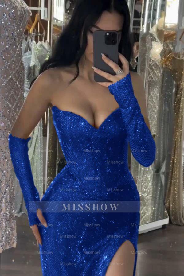 Sequin Strapless Long Mermaid Formal Dress With Split Detachable sleeves