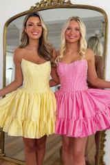 Strapless Pearl Beaded Corset Homecoming Dress Sweetheart Ruffle A-line Mini Skirt