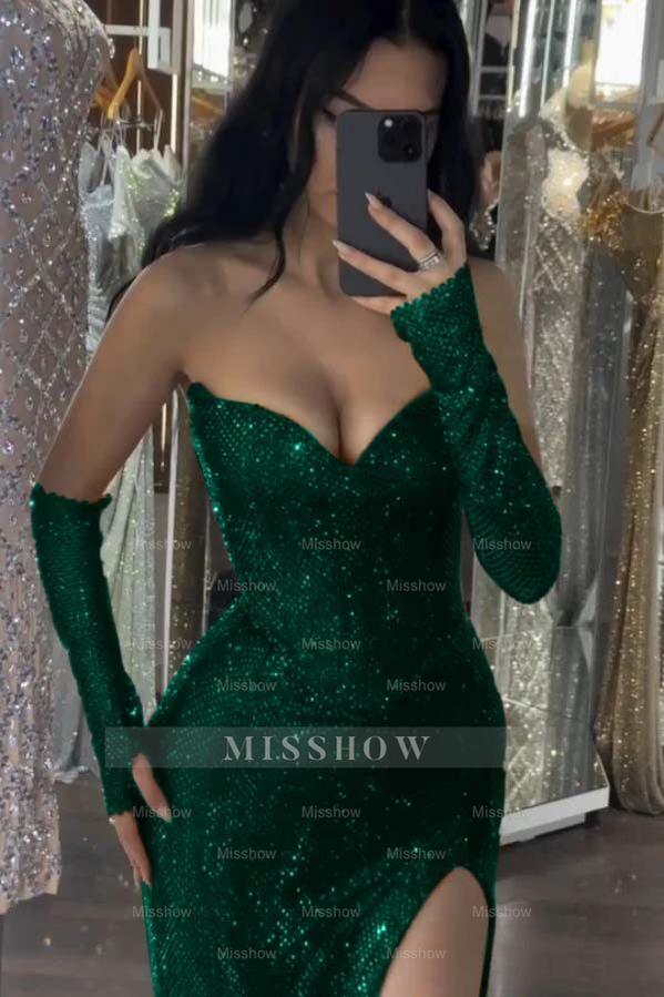 Sequin Strapless Long Mermaid Formal Dress With Split Detachable sleeves