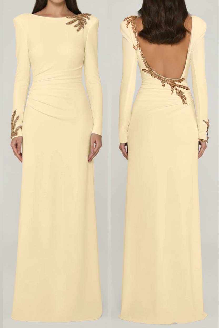 Long Sleeves Long Backless Formal Dress With Appliques Pleated