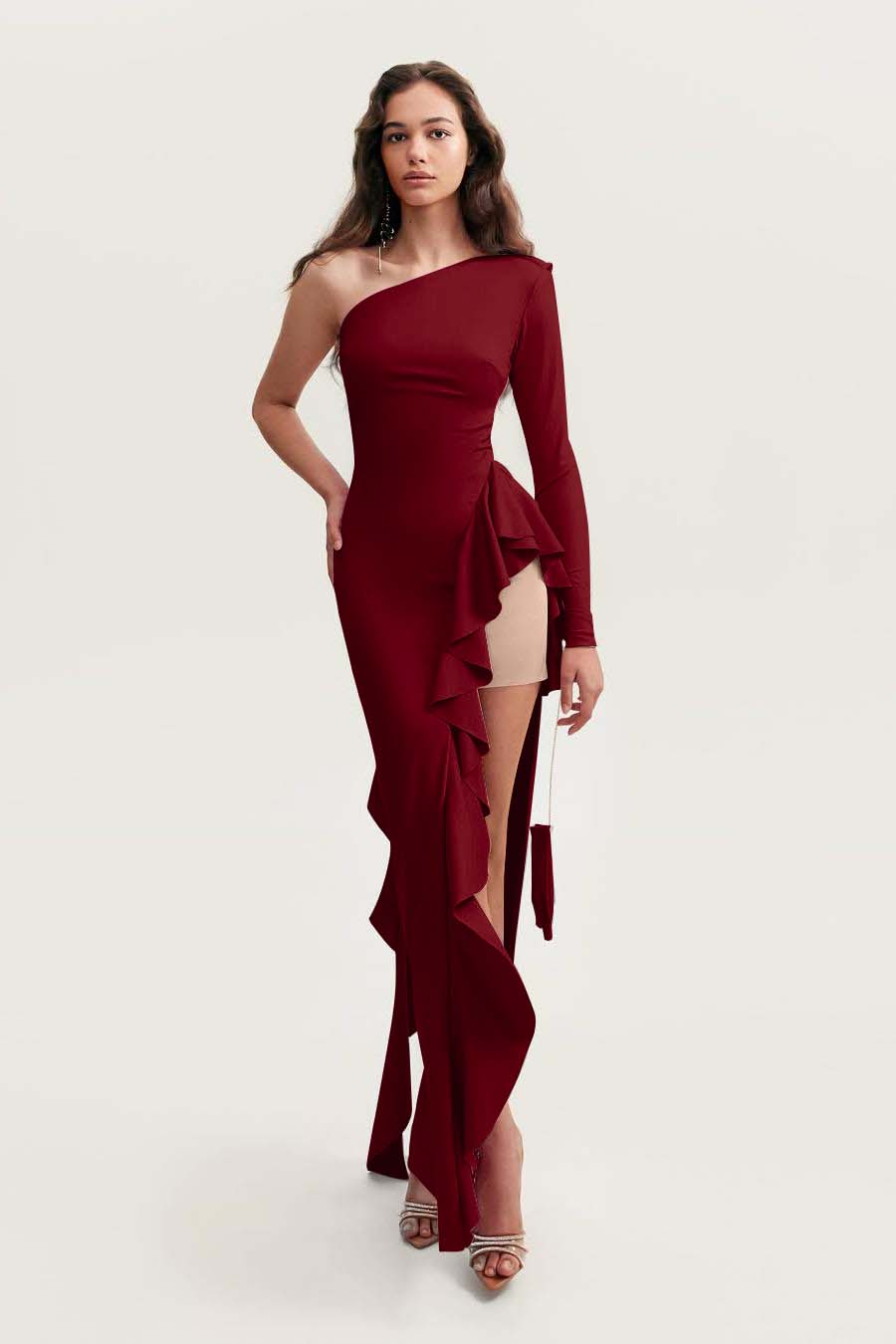 One Shoulder Long Sleeves High Split Long Formal Dress With Ruffles