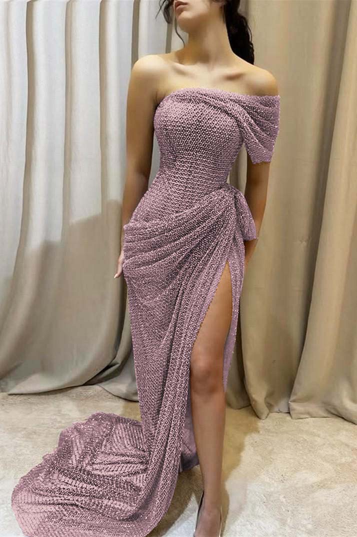 One Shoulder Sleeveless Long Mermaid Formal Dress With Split Pleated