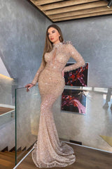 Chic High Neck Mermaid Long Sleeves Sequins Long Formal Dress With Pleated