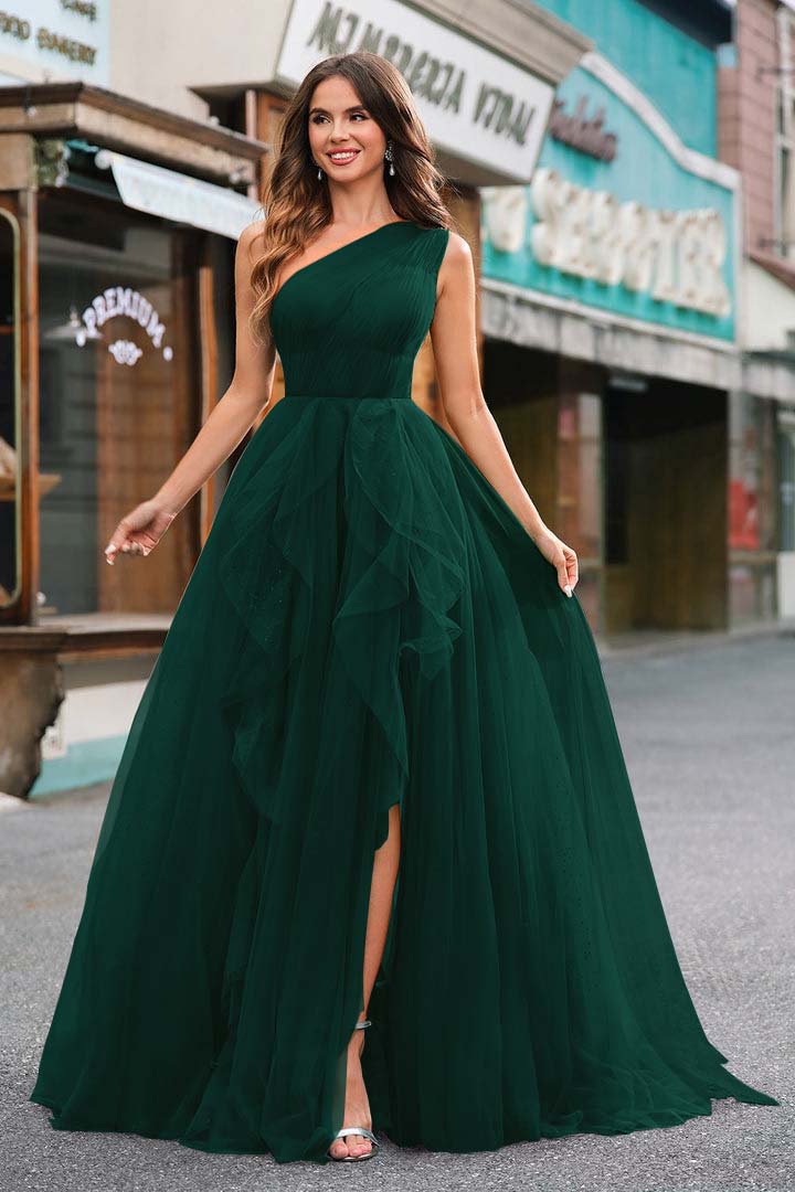 One Shoulder Sleeveless Long Split Formal Dress With Sequins Tulle