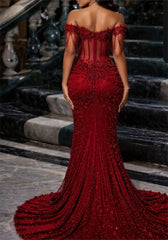 Fashionable Long Burgundy Off-the-shoulder Lace Beaded Mermaid Prom Dress with Slit