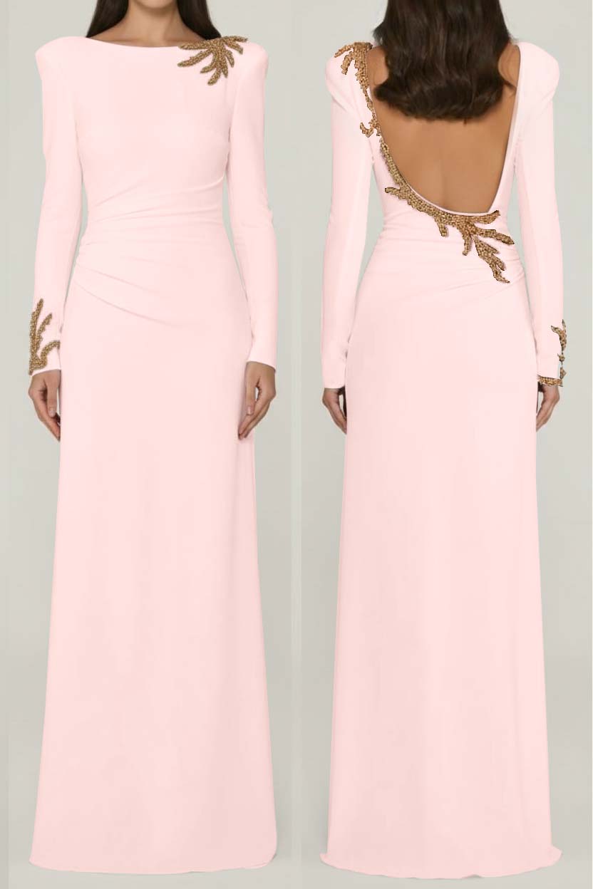 Long Sleeves Long Backless Formal Dress With Appliques Pleated